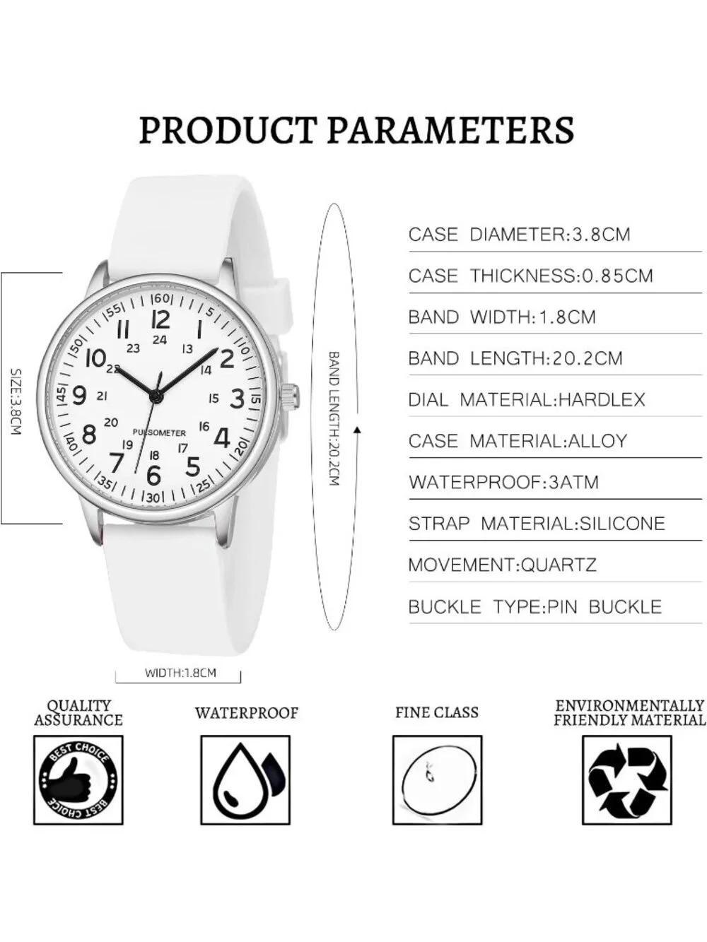 Women's All White Analog Quartz Solid Silicone Band Read Dial Nurse Wrist Watch